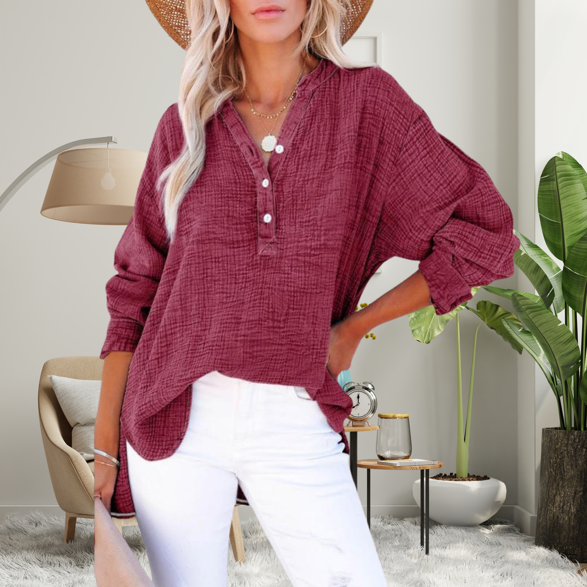 BRYLIN™ - Casual Button V-Neck Long Sleeve Oversized Blouse