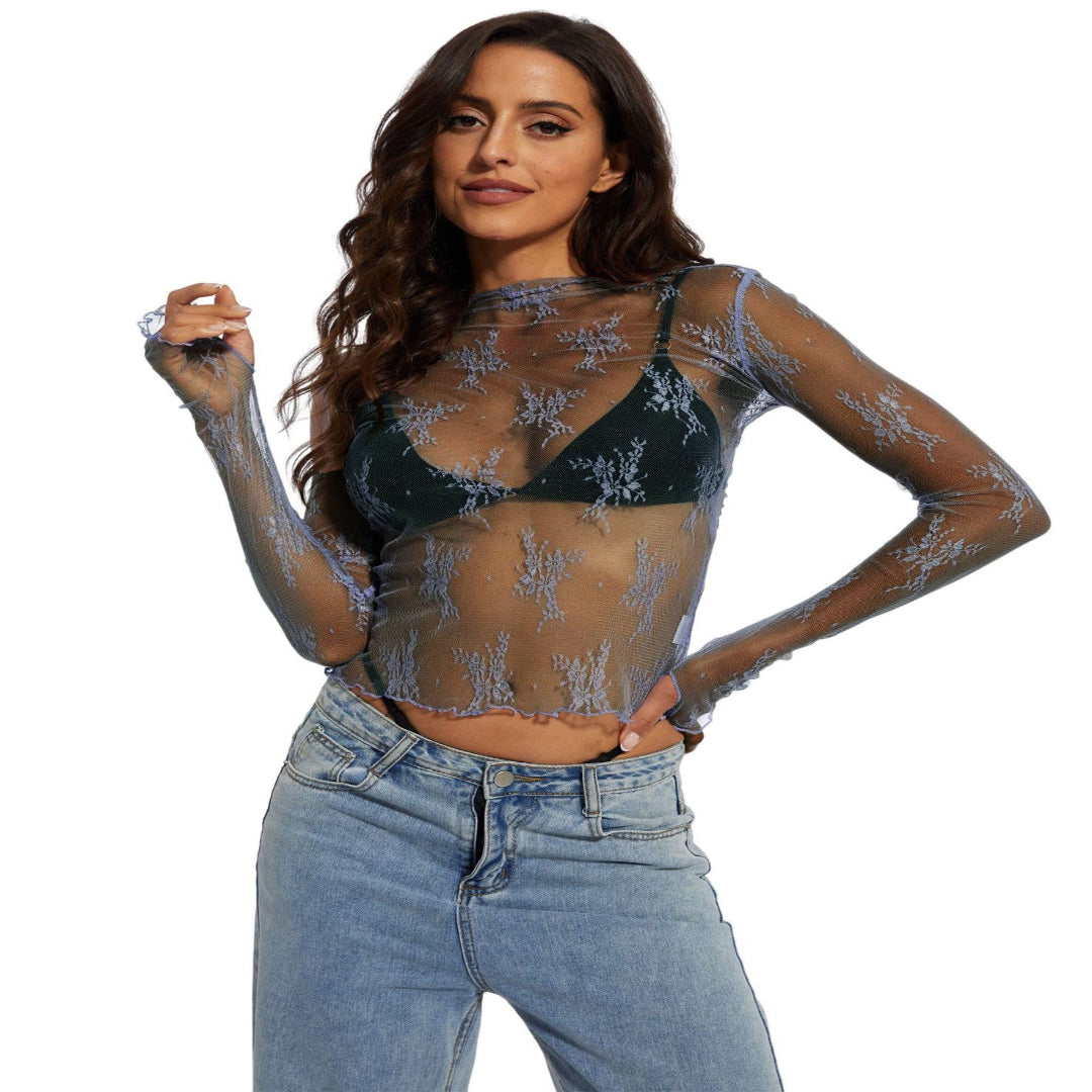 NOVY™ - Lace Mesh Long Sleeve Fitted Blouse