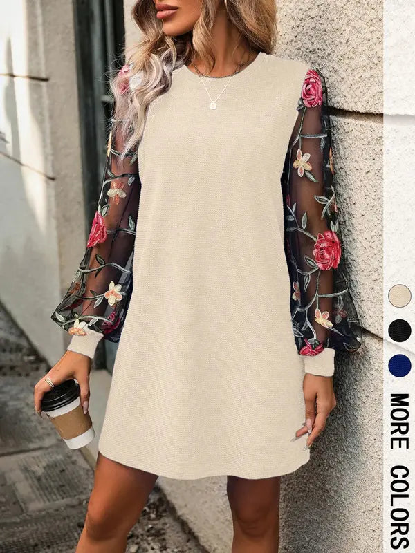LENIT - Floral Embroidery Bishop Sleeve Dress