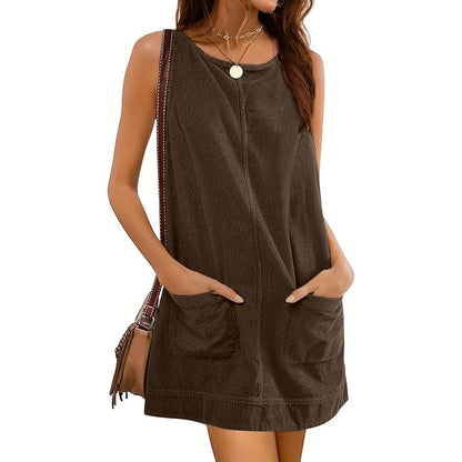 CATALEYAT - Corduroy Overall Dress with Round