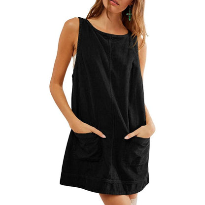 CATALEYAT - Corduroy Overall Dress with Round