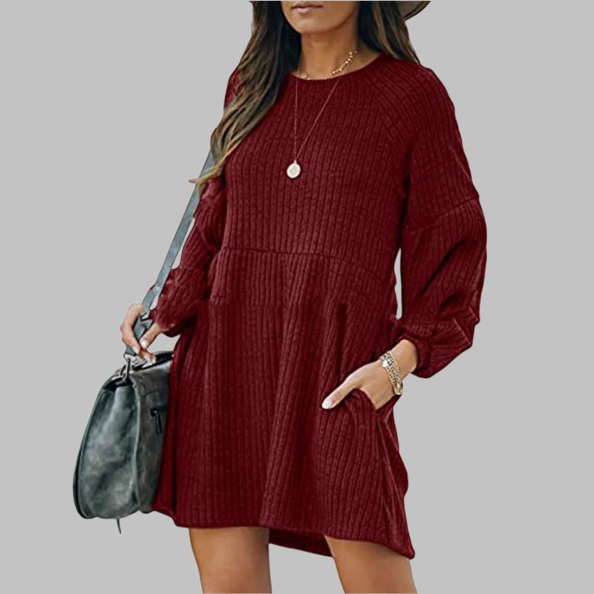 MONGOT - Cozy Ribbed Bishop Sleeve Round