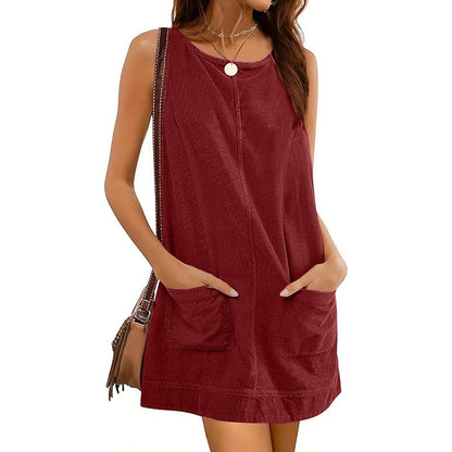 CATALEYAT - Corduroy Overall Dress with Round