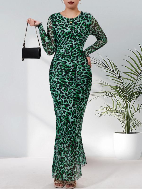 ALIANNAT - Leopard Print Ruched Bodycon Dress