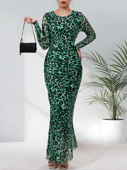 ALIANNAT - Leopard Print Ruched Bodycon Dress