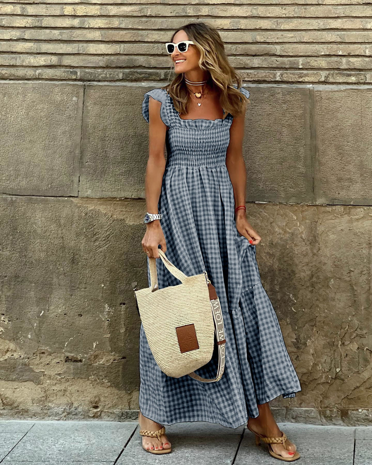 NANCY™ - Chic Retro Plaid Smocked Dress