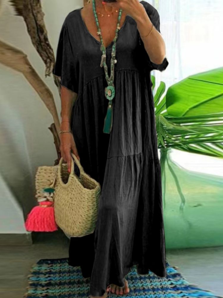 LINNEA™ – Soft Ruffle V-Neck Maxi Dress