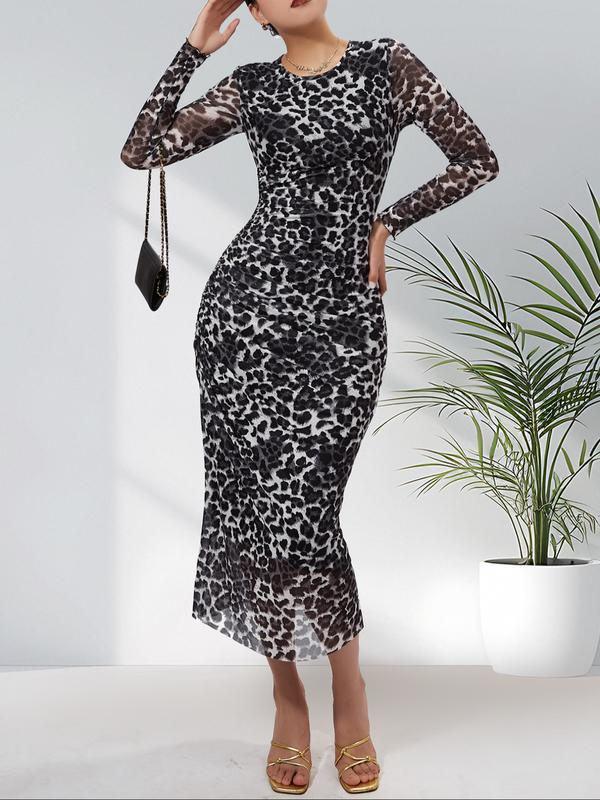 ALIANNAT - Leopard Print Ruched Bodycon Dress