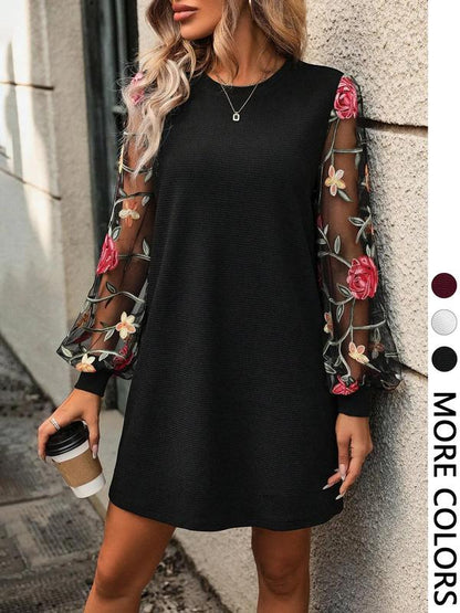 LENIT - Floral Embroidery Bishop Sleeve Dress